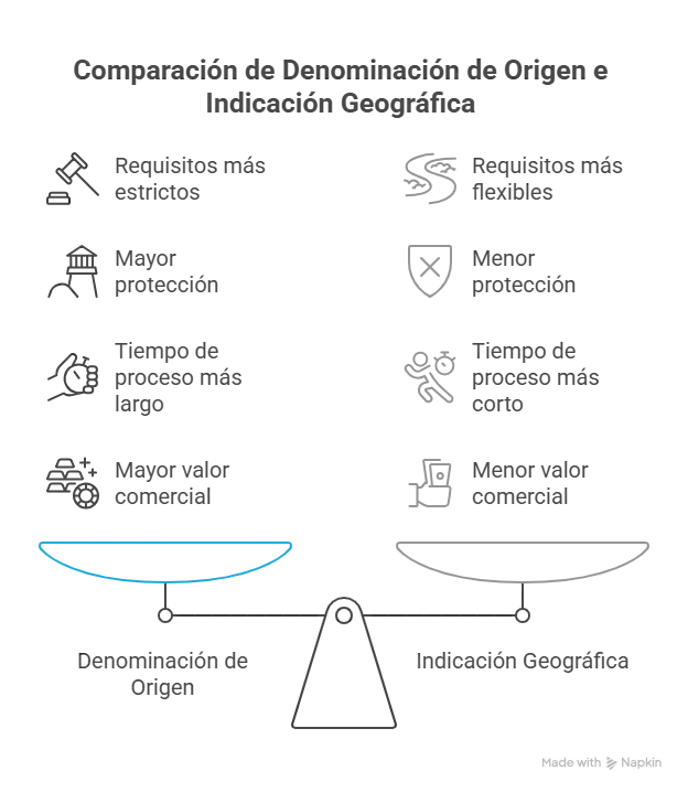 Balanza comparando Denominación de Origen e Indicación Geográfica
