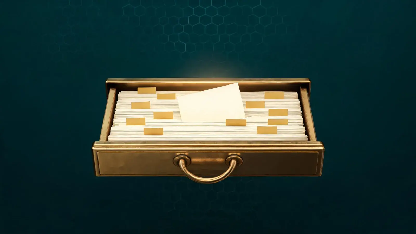 Brass card catalog drawer with gold-tabbed index cards, the Nice Classification of goods and services for trademark registration in Mexico