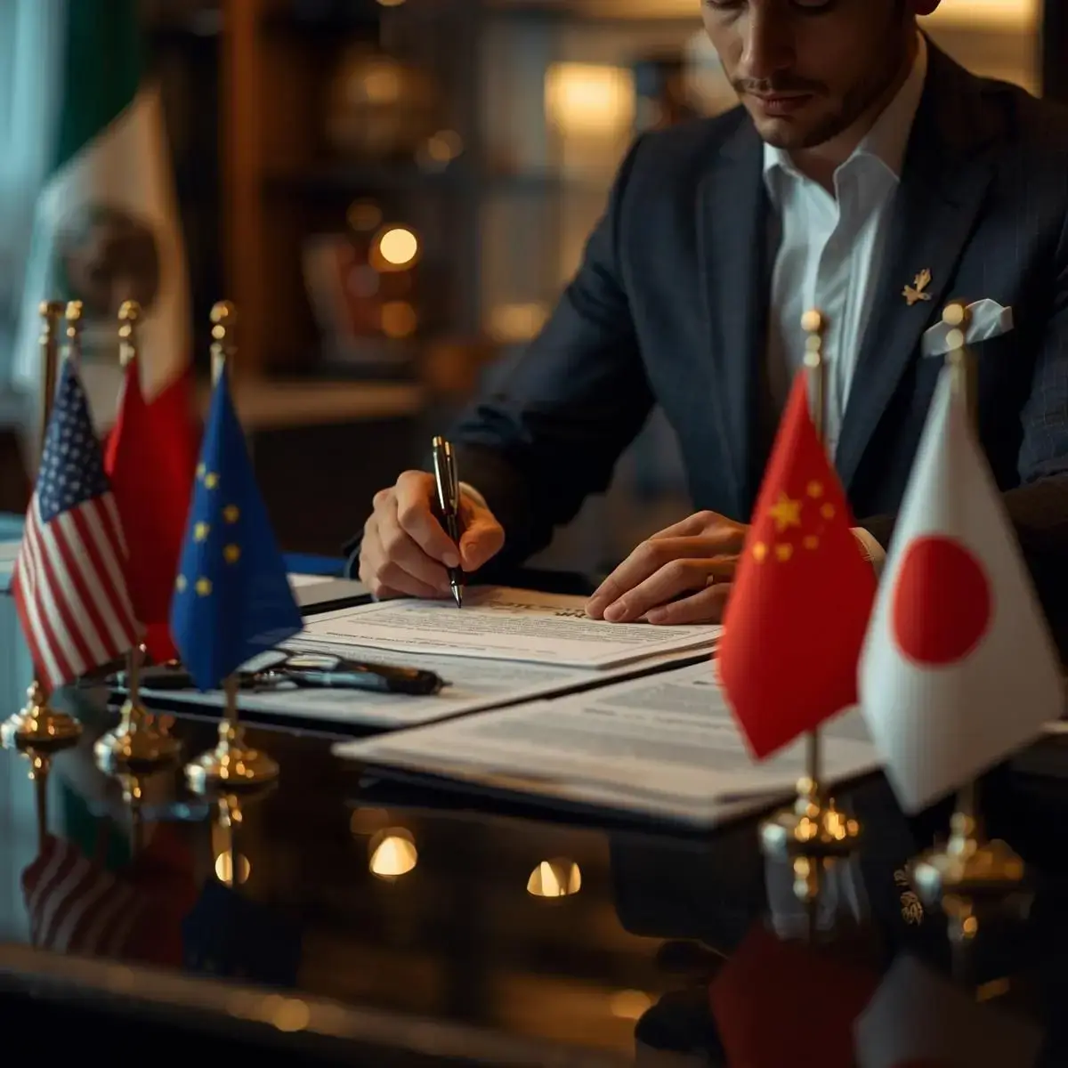 Firma de acuerdos internacionales de patentes con banderas de varios países, sistema PCT de la OMPI