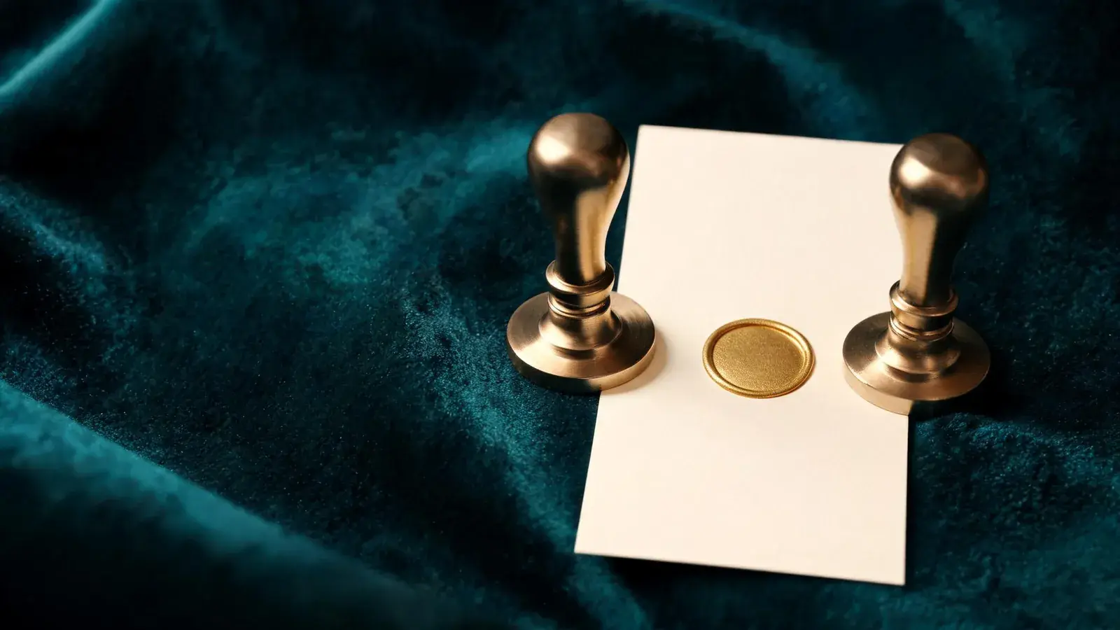 Two brass stamps beside a document already bearing a gold seal: in Mexico the first to file a trademark application at IMPI gets priority