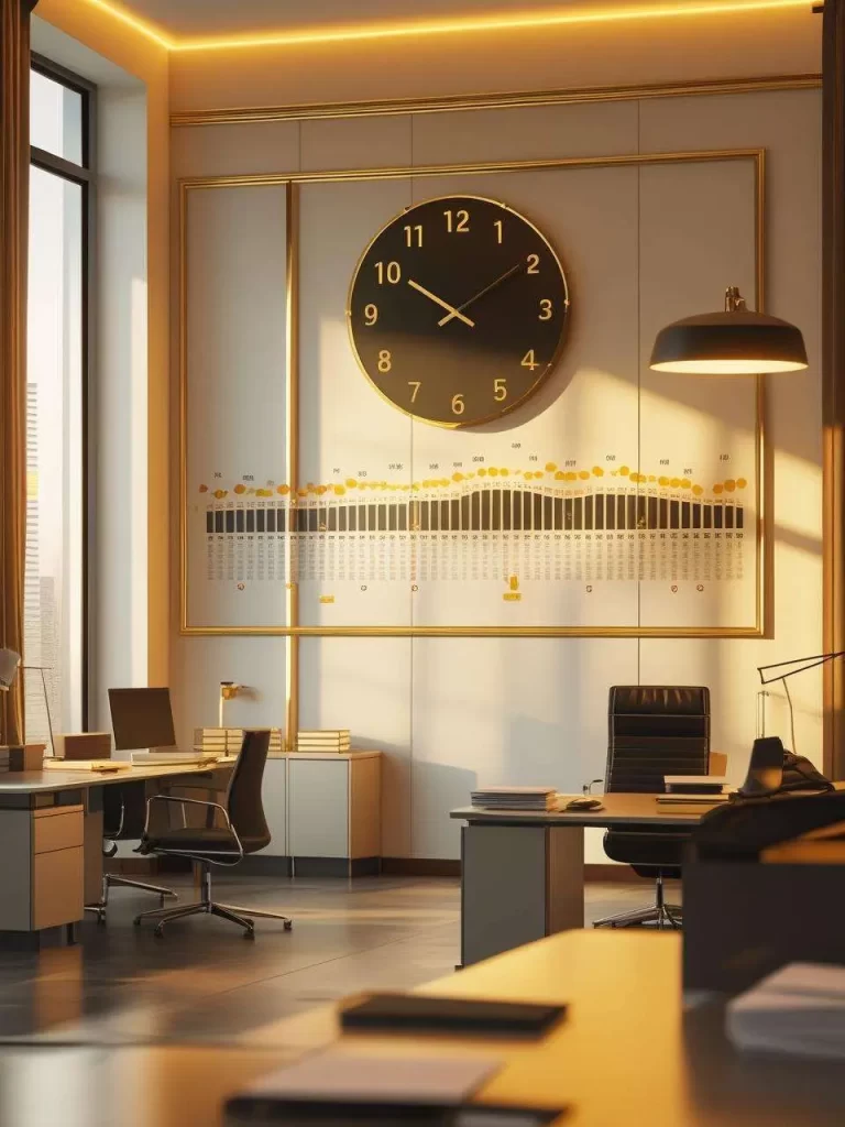 Modern law office with wall clock showing trademark registration timeline of 5-6 months in Mexico, featuring warm golden lighting and efficient workspace