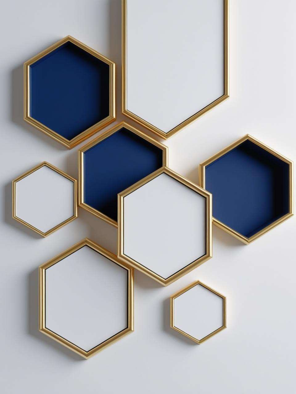 Arte hexagonal moderno para oficina de abogado en propiedad intelectual en México - Diseño geométrico profesional con marcos dorados y azul corporativo