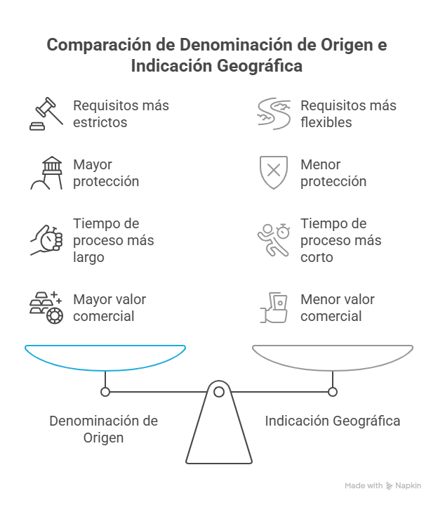 Comparación visual entre Denominación de Origen e Indicación Geográfica mostrando diferencias en requisitos, protección, tiempo de proceso y valor comercial en formato de balanza