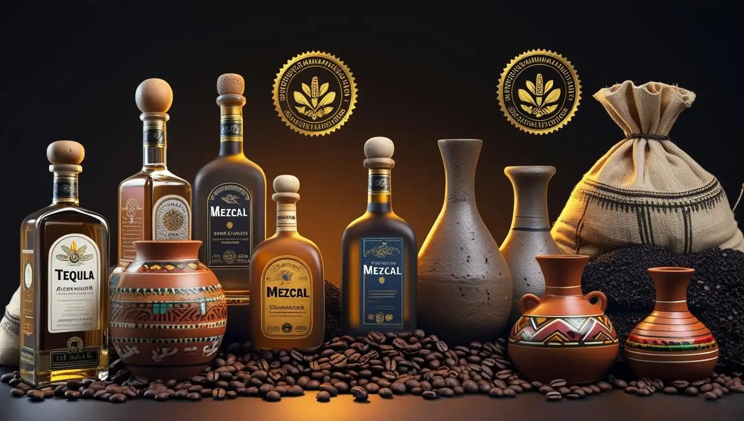 Productos mexicanos con Denominación de Origen mostrando Tequila, Mezcal y artesanías tradicionales con protección legal exclusiva y valor comercial premium