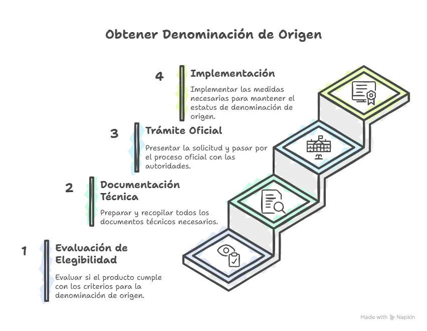 Infografía del proceso de 4 pasos para obtener Denominación de Origen en México: evaluación de elegibilidad, documentación técnica, trámite oficial e implementación con iconos representativos