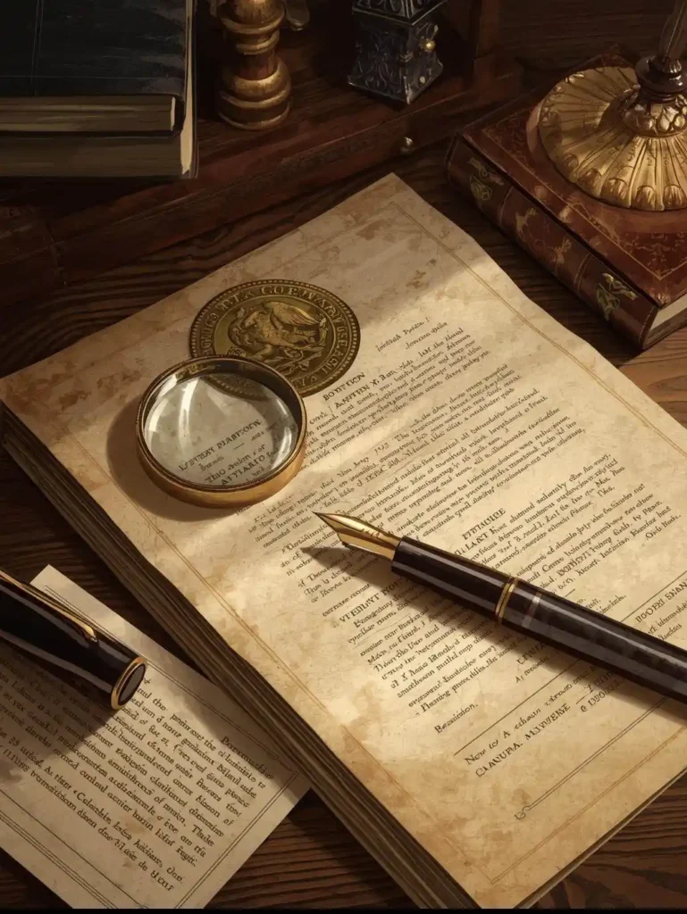 Documentos legales de patente mexicana sobre escritorio con lupa y sello oficial, representando el proceso de solicitud ante el IMPI