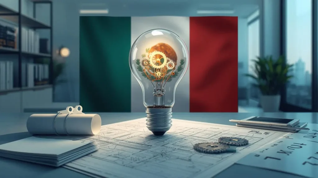oncepto visual de qué es una patente en México: bombillo con engranajes dorados representando una invención sobre planos técnicos con bandera mexicana de fondo, simbolizando la protección legal de innovaciones