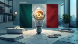 oncepto visual de qué es una patente en México: bombillo con engranajes dorados representando una invención sobre planos técnicos con bandera mexicana de fondo, simbolizando la protección legal de innovaciones