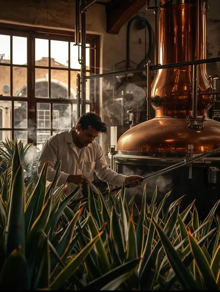 Trabajador inspeccionando plantas de agave en destilería de tequila con alambiques de cobre, denominación de origen México