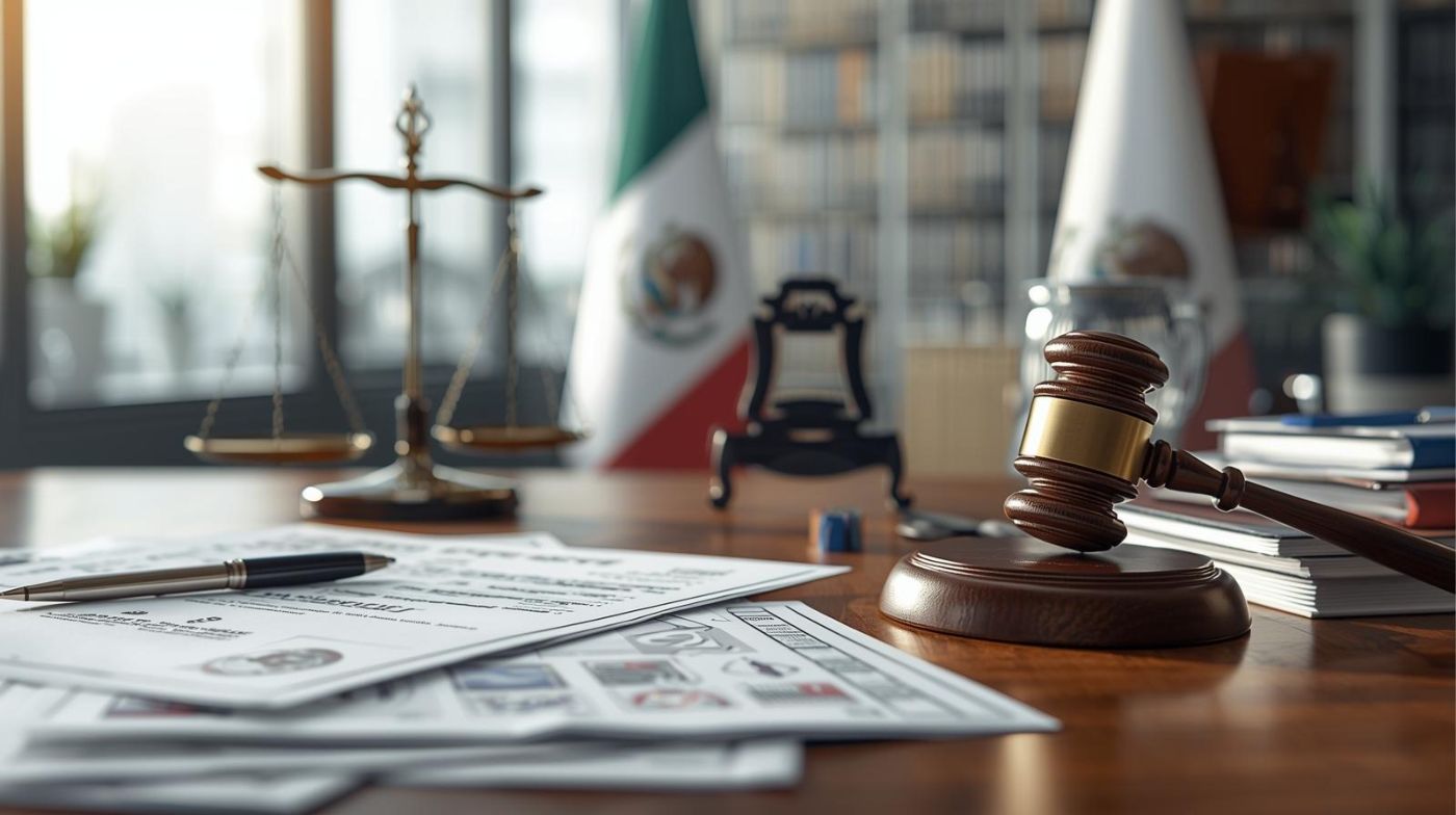 Martillo de juez, balanza de justicia y documentos legales sobre escritorio con bandera mexicana representando la ley de propiedad industrial en México
