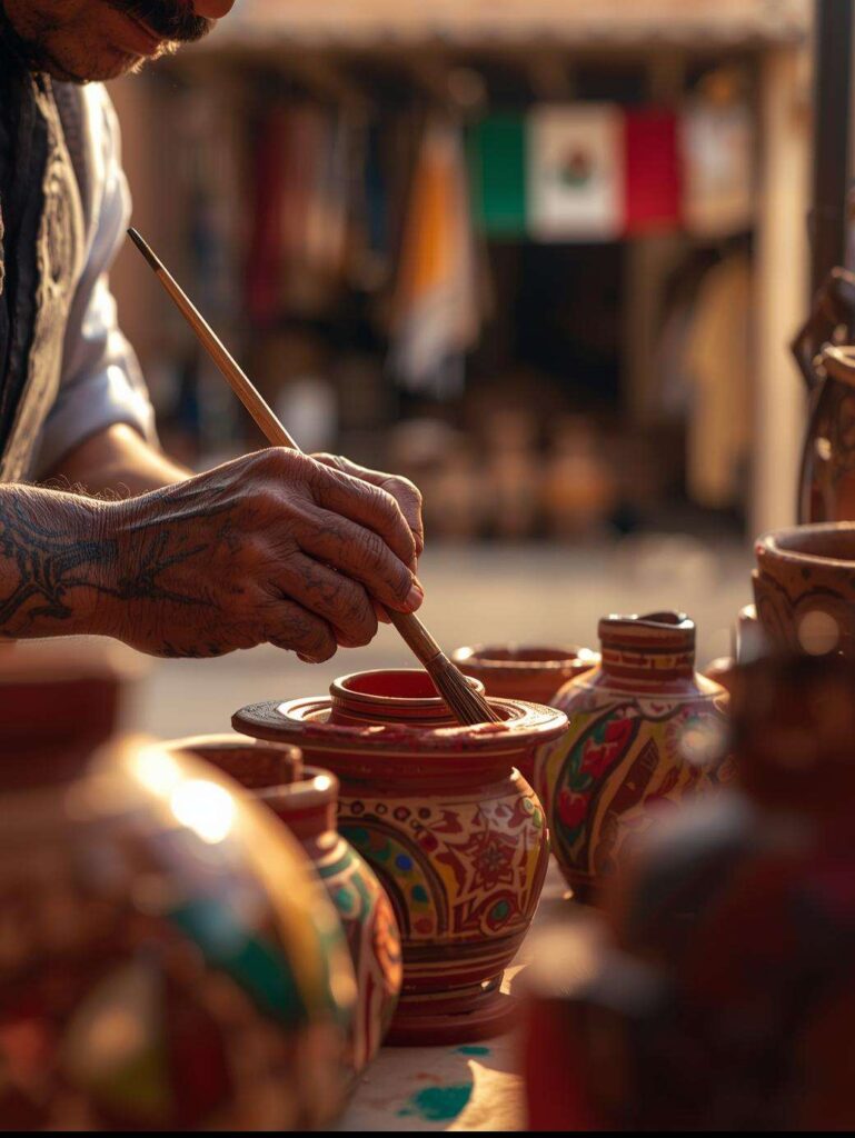 Manifestaciones culturales mexicanas: artesano pintando cerámica Talavera tradicional con técnicas ancestrales en taller artesanal
