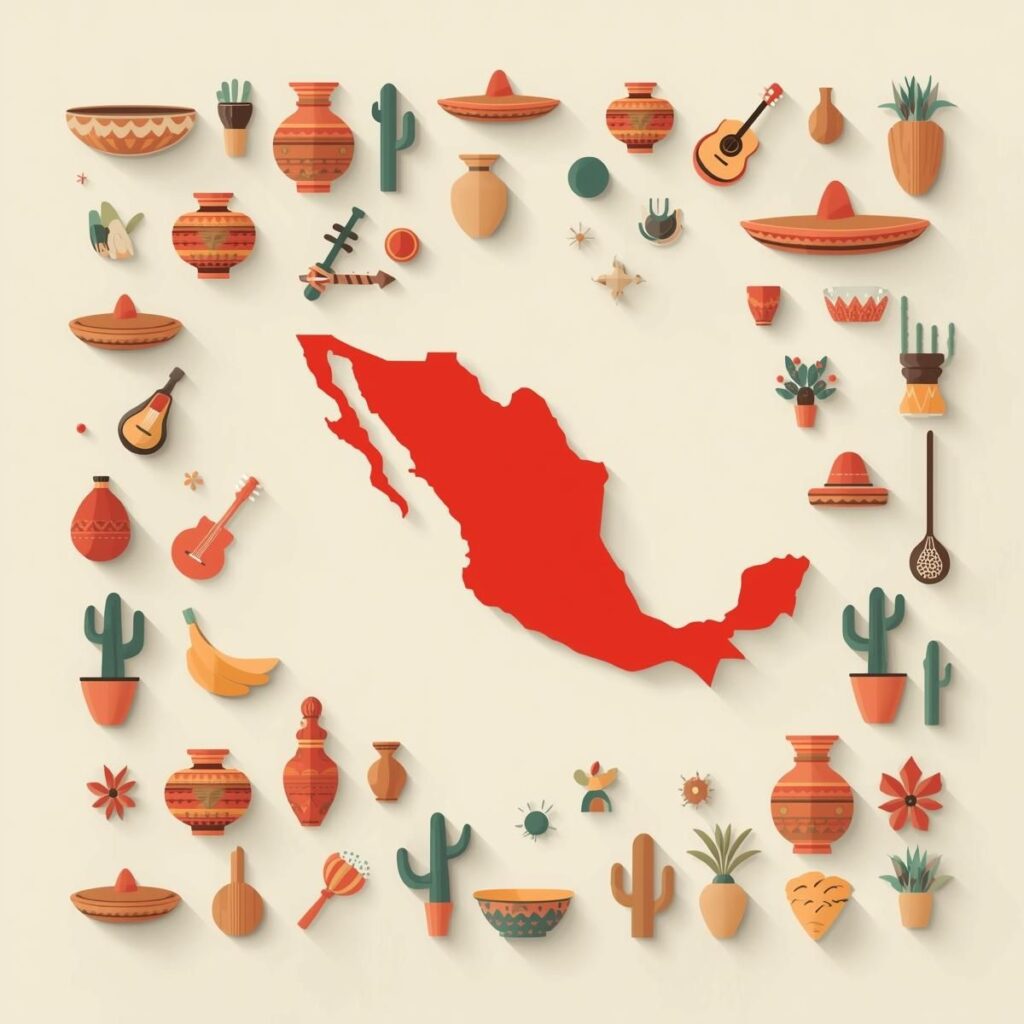 Mapa ilustrativo de México rodeado de iconos representativos de manifestaciones culturales mexicanas como cerámica, instrumentos musicales, textiles, gastronomía y artesanías tradicionales con potencial de protección legal