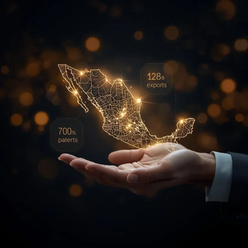 Mexico intellectual property market visualization showing 700 patents, $4.28 billion exports, and 16,000 semiconductor patents for WIPO international companies