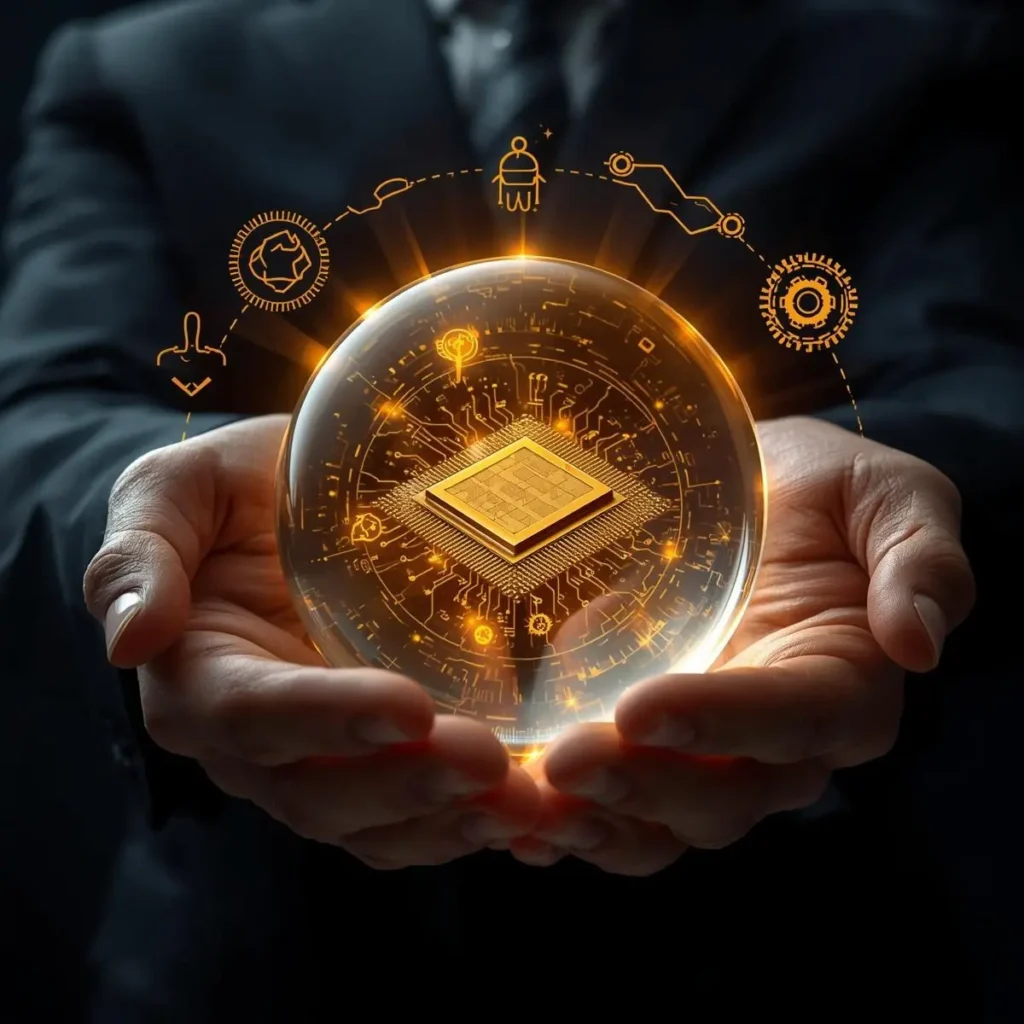 Patent protection for semiconductor technology - Professional hands holding glowing sphere containing golden microchip with circuit patterns and innovation icons representing Mexican patent system