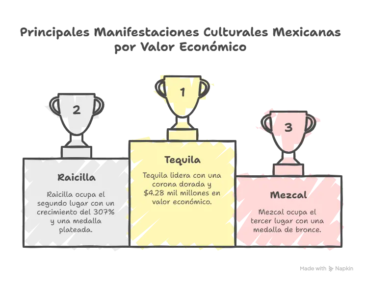 Infografía tipo podio mostrando las principales manifestaciones culturales mexicanas por valor económico: Tequila en primer lugar con 4.28 mil millones de dólares, Raicilla en segundo con 307% de crecimiento, y Mezcal en tercer lugar
