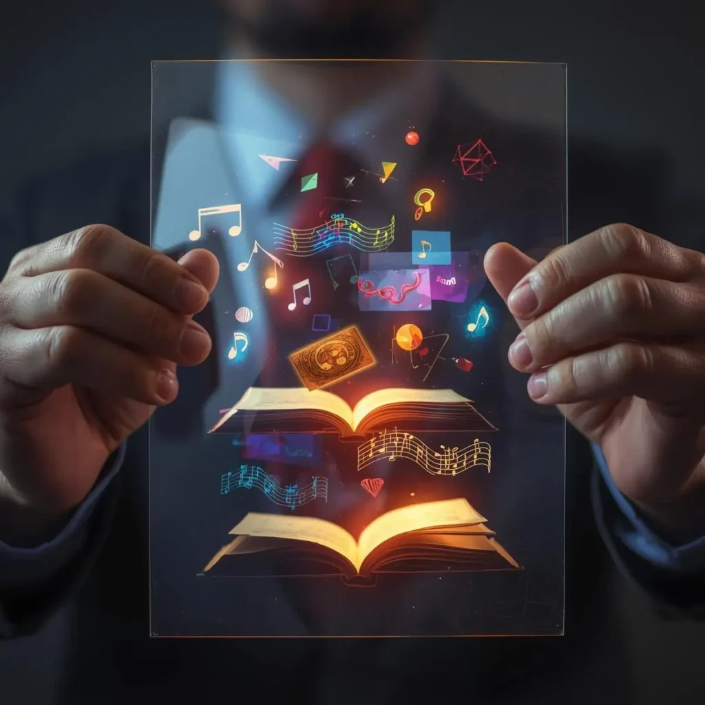 Manos protegiendo obras creativas flotantes - libros, música, arte - representando qué son los derechos de autor y su protección en México