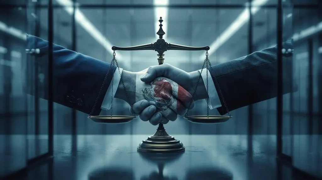 Imagen conceptual de qué es el arbitraje: apretón de manos empresarial con balanza de la justicia simbolizando resolución de conflictos mediante arbitraje en México