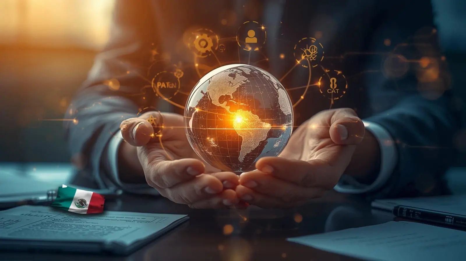 ¿Qué es la OMPI? Representación visual de la Organización Mundial de la Propiedad Intelectual protegiendo innovaciones mexicanas globalmente con símbolos de patentes y marcas