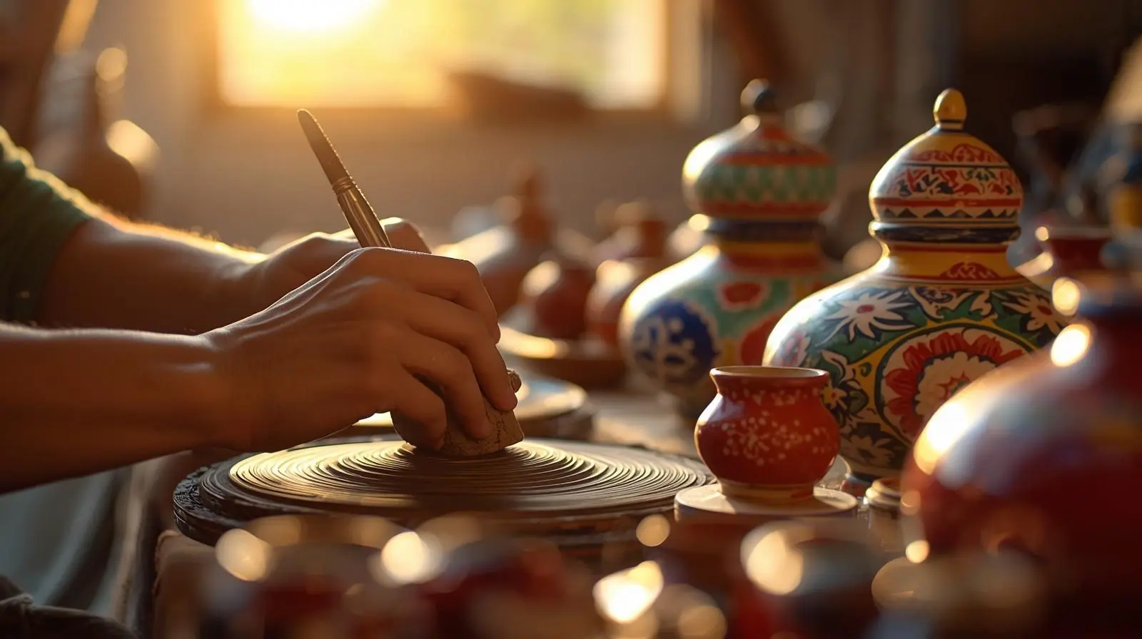 Qué es una manifestación cultural: alfarero mexicano trabajando cerámica tradicional Talavera en taller artesanal