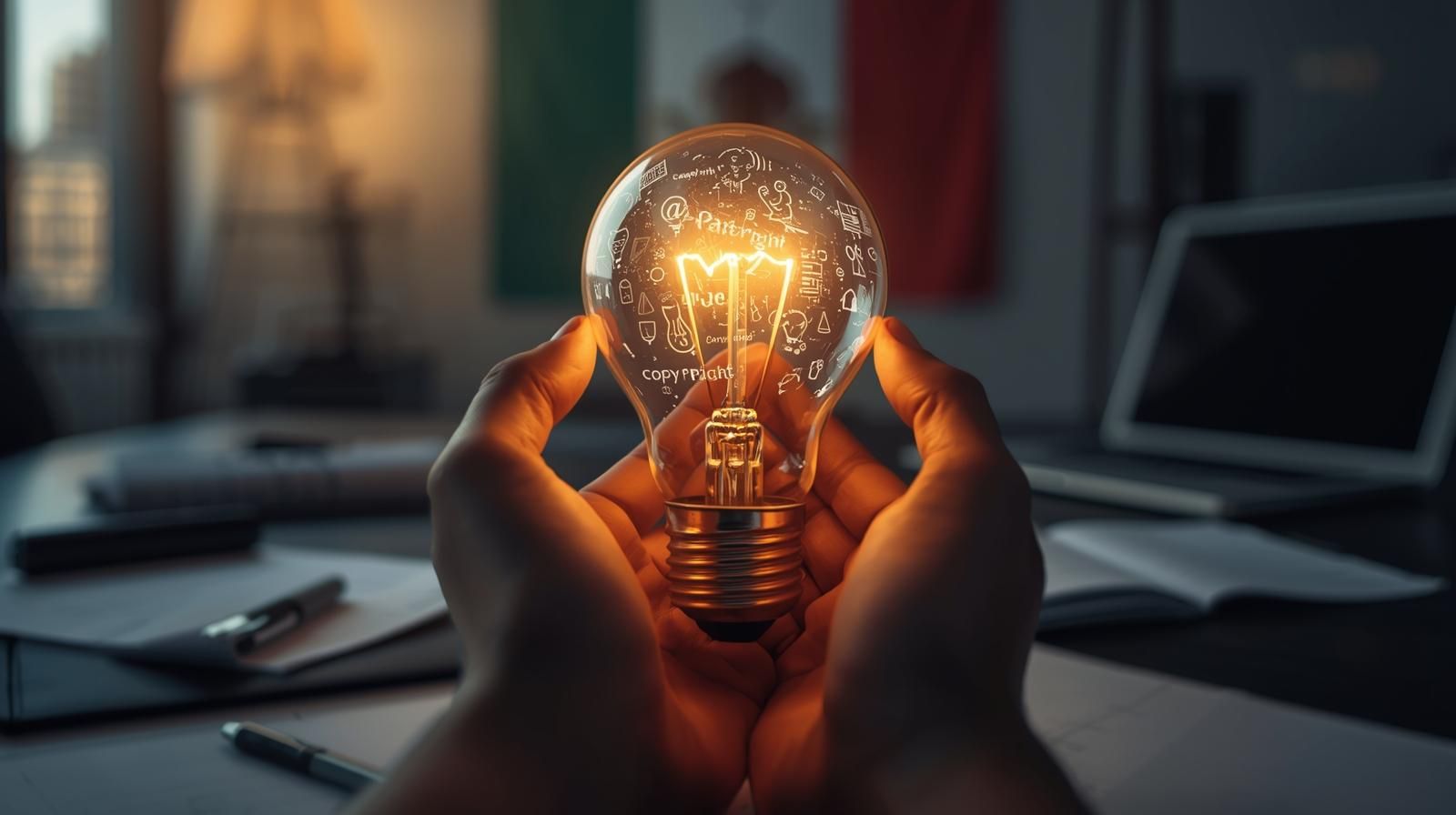 Qué son los derechos de autor - bombilla con símbolos de copyright en manos profesionales, oficina legal México 2025