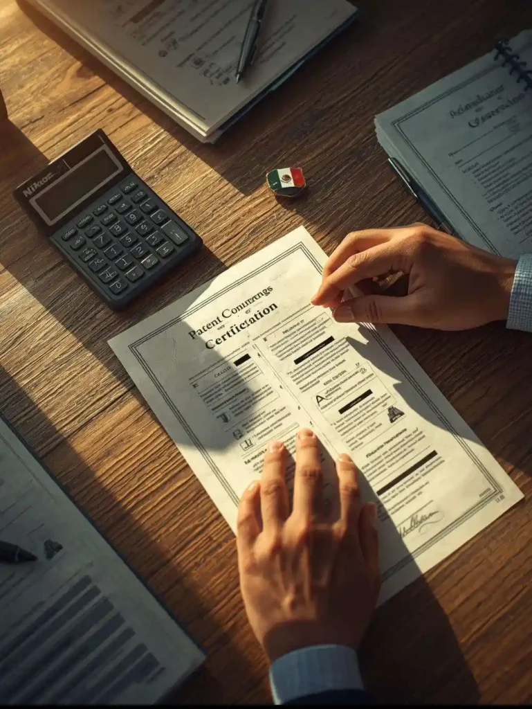 Manos revisando certificado de patente en escritorio con calculadora y bandera mexicana, tipos de propiedad intelectual en México