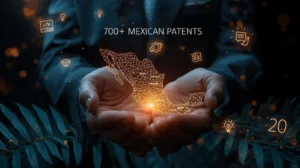 What is a patent in Mexico - Professional hands protecting glowing wireframe map of Mexico showing 700+ Mexican patents with 20-year protection period and floating patent icons