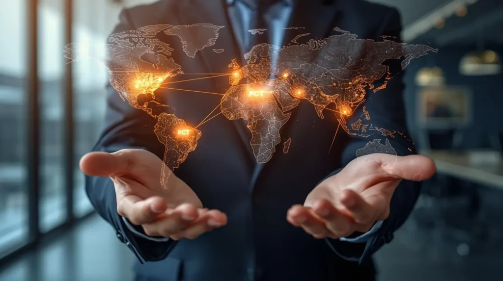 What is WIPO? - Professional businessman presenting holographic world map showing global intellectual property protection networks with glowing connection points between countries including Mexico for international companies