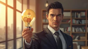 Abogado profesional sosteniendo bombilla con engranajes representando qué es la propiedad intelectual y la innovación empresarial en México