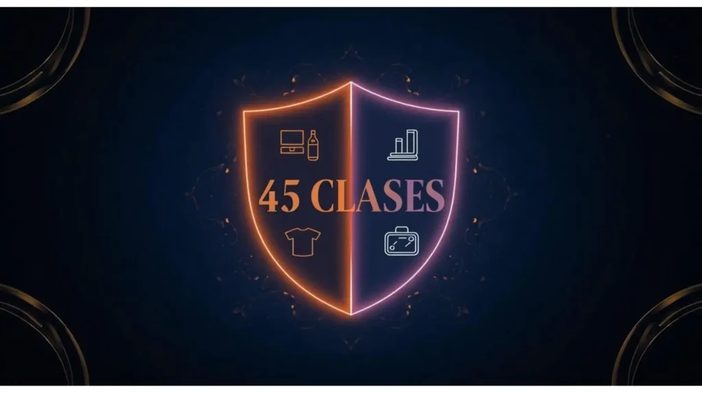 Clasificación de Niza: escudo dividido mostrando las 45 clases internacionales para registro de marcas en México, productos (clases 1-34) y servicios (clases 35-45)