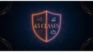 Clasificación de Niza: escudo dividido mostrando las 45 clases internacionales para registro de marcas en México, productos (clases 1-34) y servicios (clases 35-45)