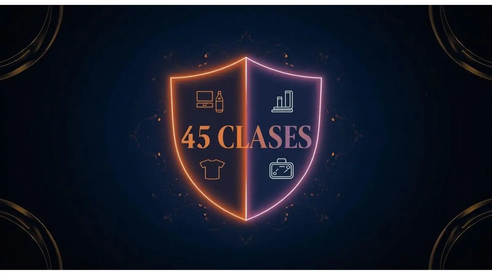 Clasificación de Niza: escudo dividido mostrando las 45 clases internacionales para registro de marcas en México, productos (clases 1-34) y servicios (clases 35-45)