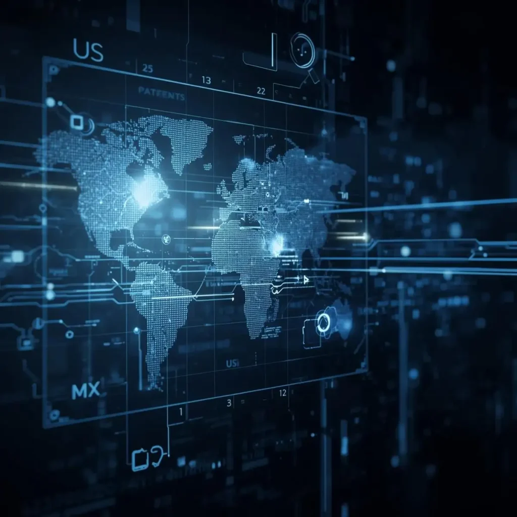 Digital visualization of the Google Patents search interface showing patent data flowing across a world map with focus on US and Mexico