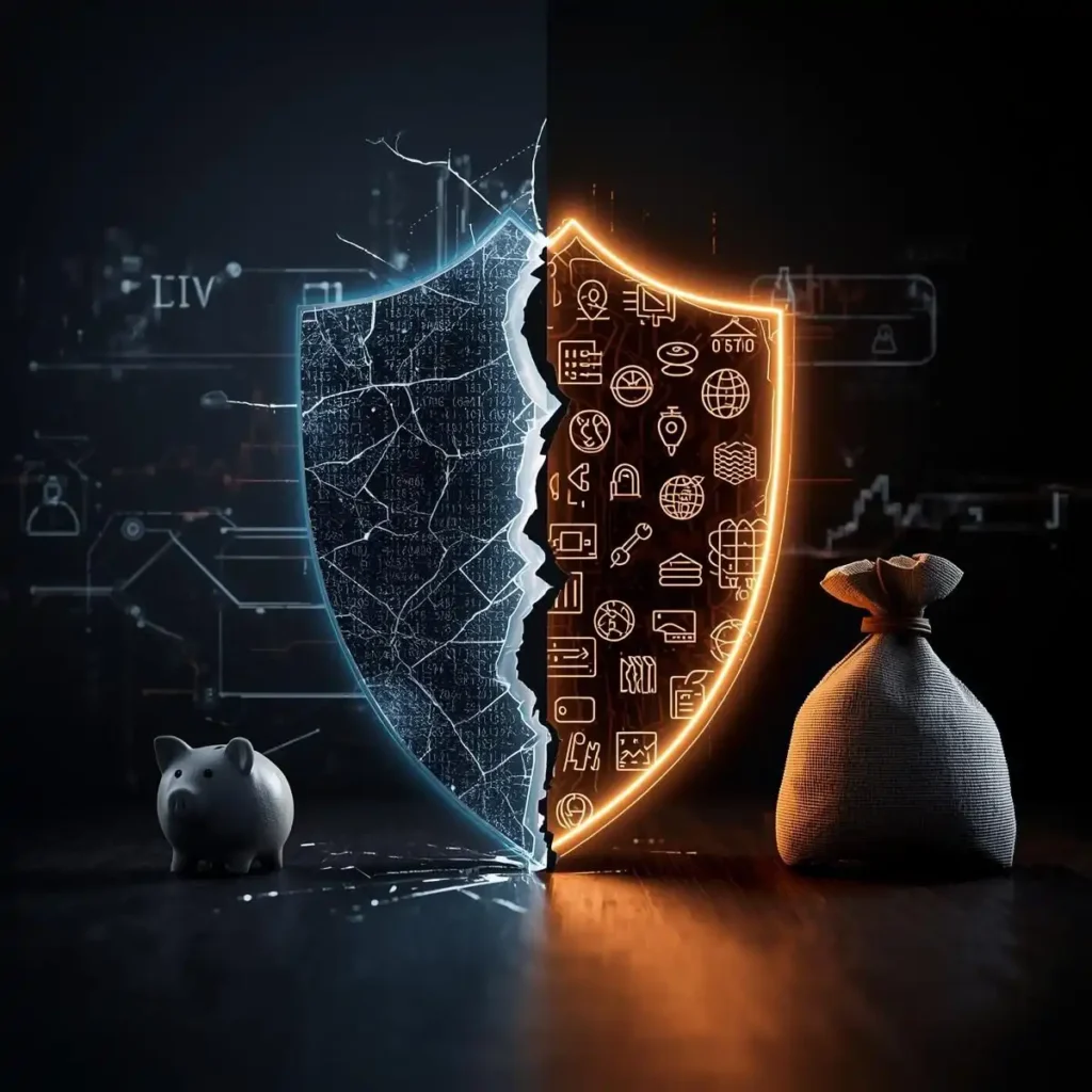 Conceptual image showing the visual contrast between a cracked, risky DIY search shield and a strong, complete professional patent protection shield